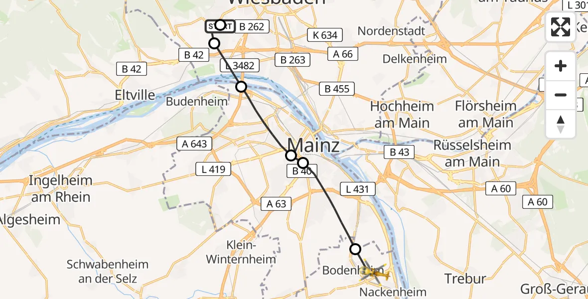 Flugroute Rettungshubschrauber Helios Horst Schmidt Clinic (HSK) - Bodenheim, 10 Juni 2026, 13:38