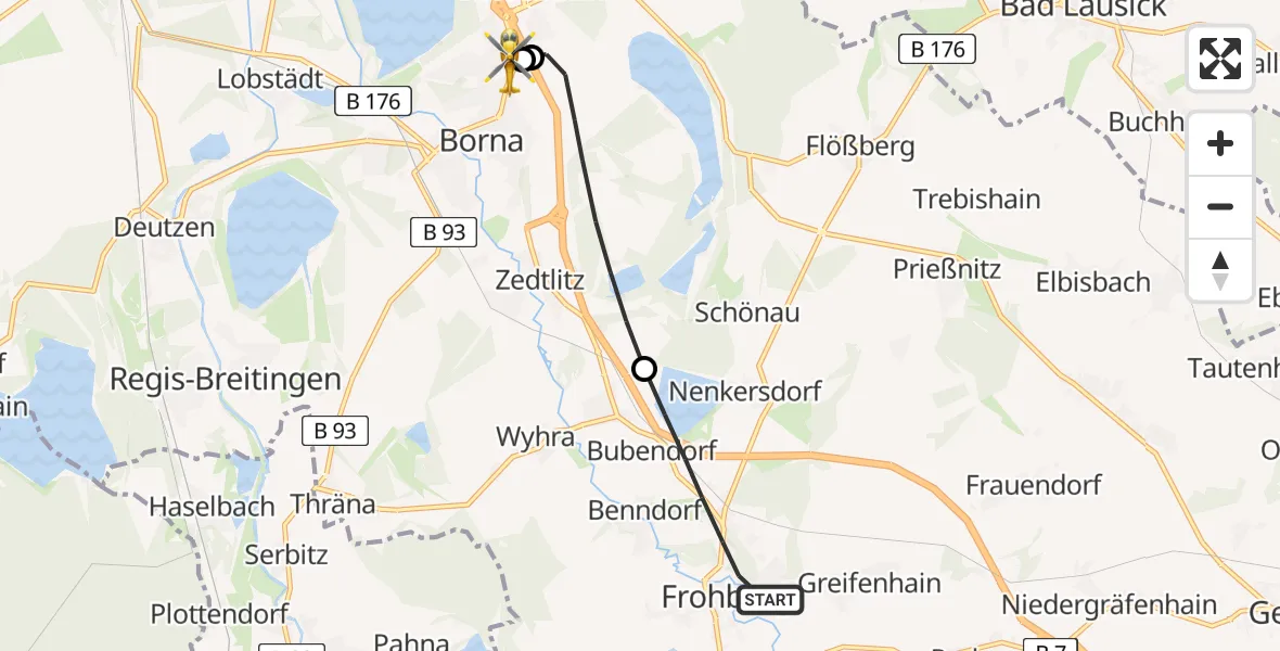 Flugroute Rettungshubschrauber Frohburg - Sana Hospital Borna, 10 Juni 2026, 13:41