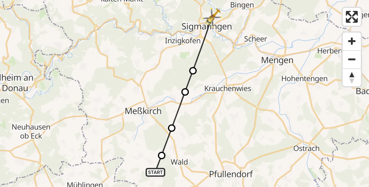 Flugroute Rettungshubschrauber Sauldorf - Sigmaringen, 10 Juni 2026, 13:42