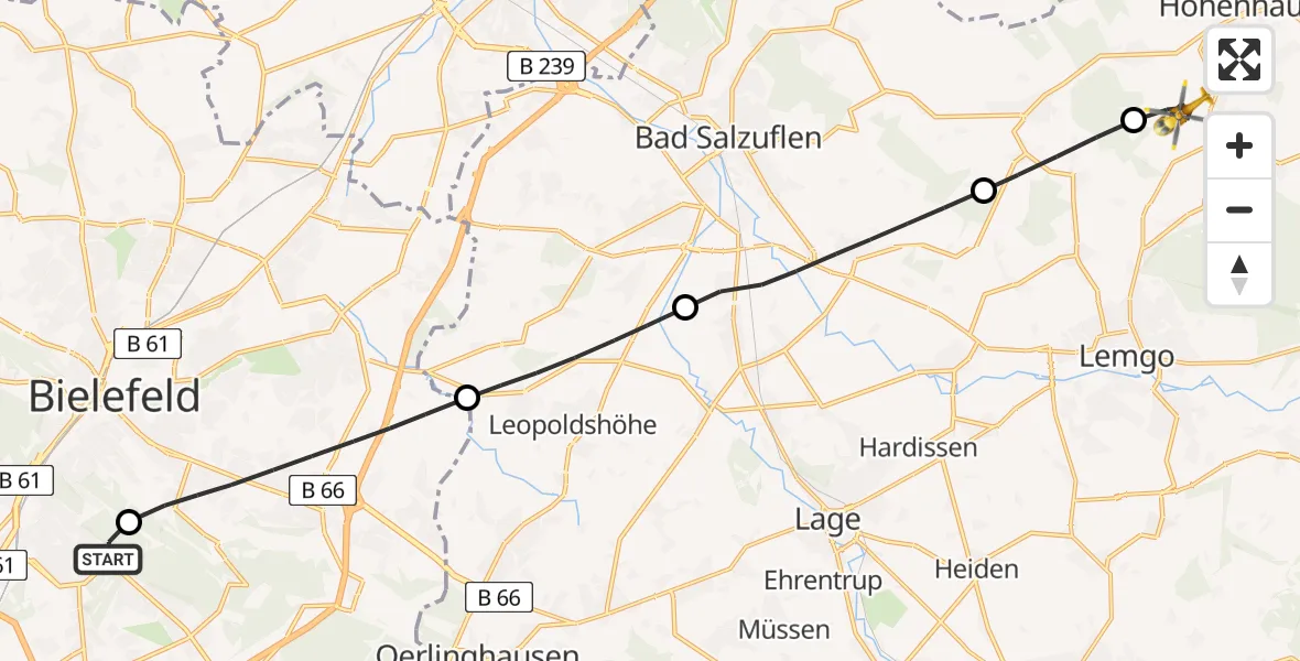 Flugroute Rettungshubschrauber Luftrettungszentrum Bielefeld - Kalletal, 10 Juni 2026, 13:50