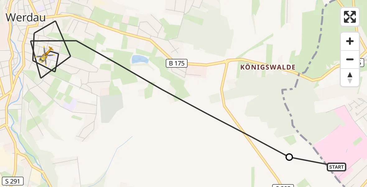 Flugroute Rettungshubschrauber ADAC Air Rescue Station Zwickau Hubschrauberlandeplatz - Werdau, 10 Juni 2026, 13:55