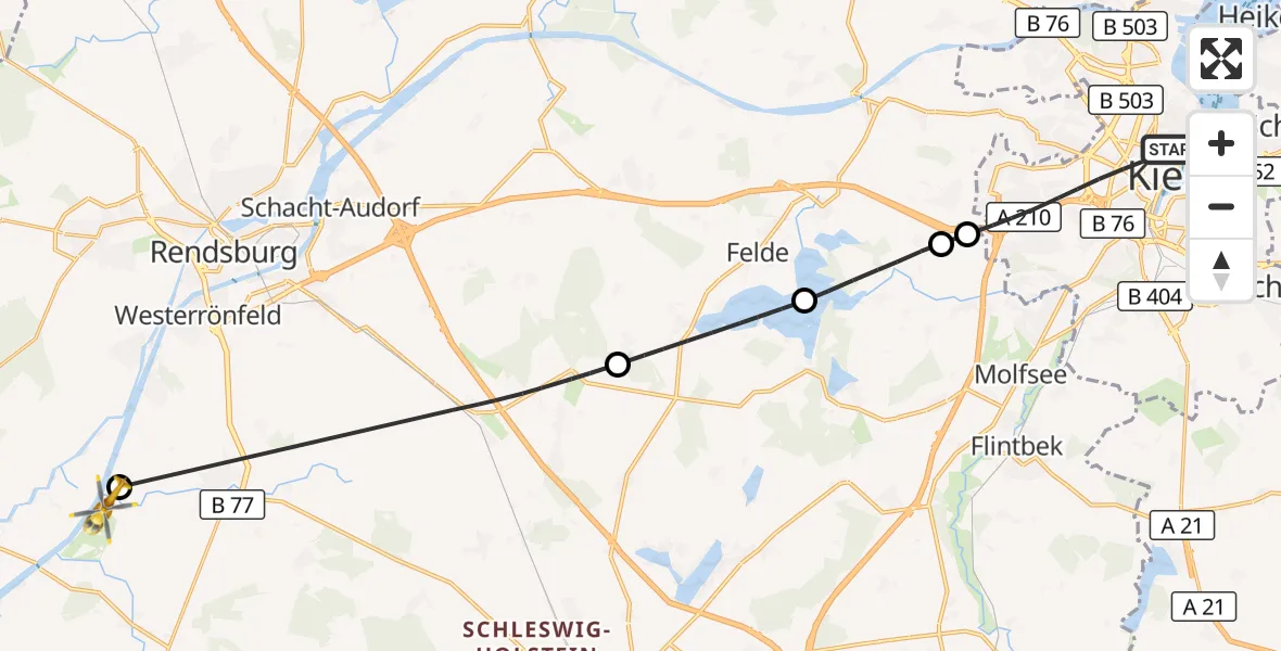 Flugroute Ambulanzhubschrauber Kiel - Hörsten, 10 Juni 2026, 13:58