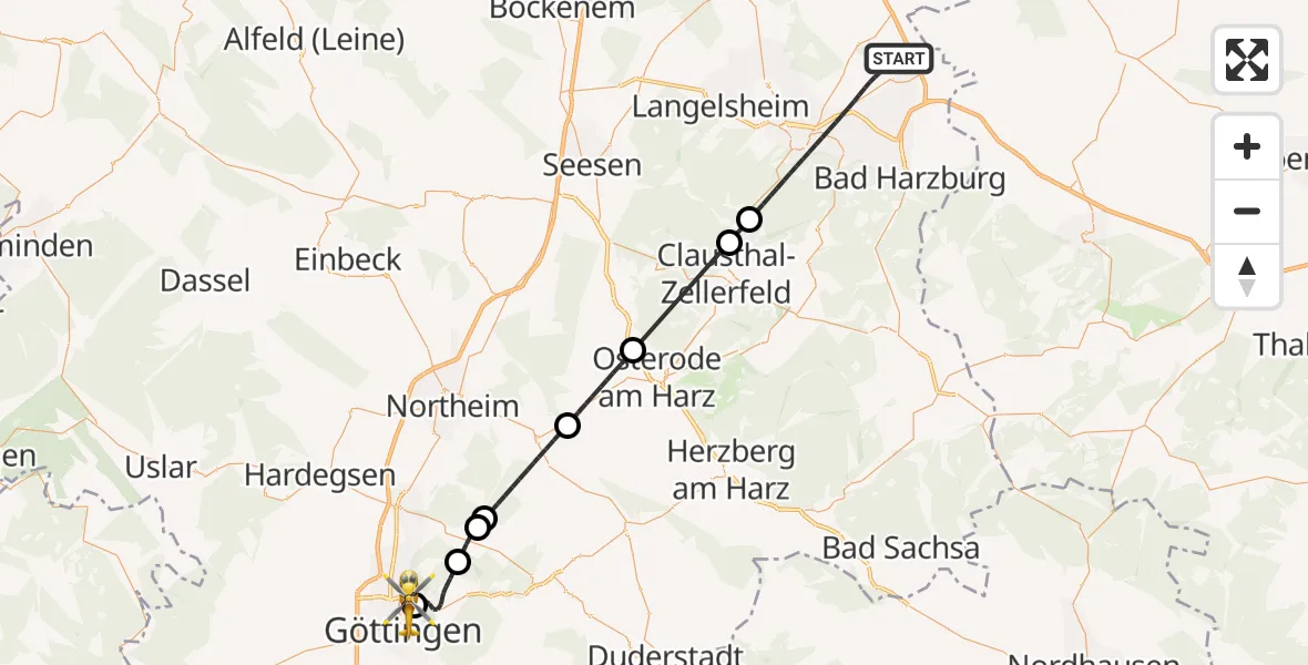 Flugroute Rettungshubschrauber Goslar - Göttingen University Clinic Hubschrauberlandeplatz, 10 Juni 2026, 13:59