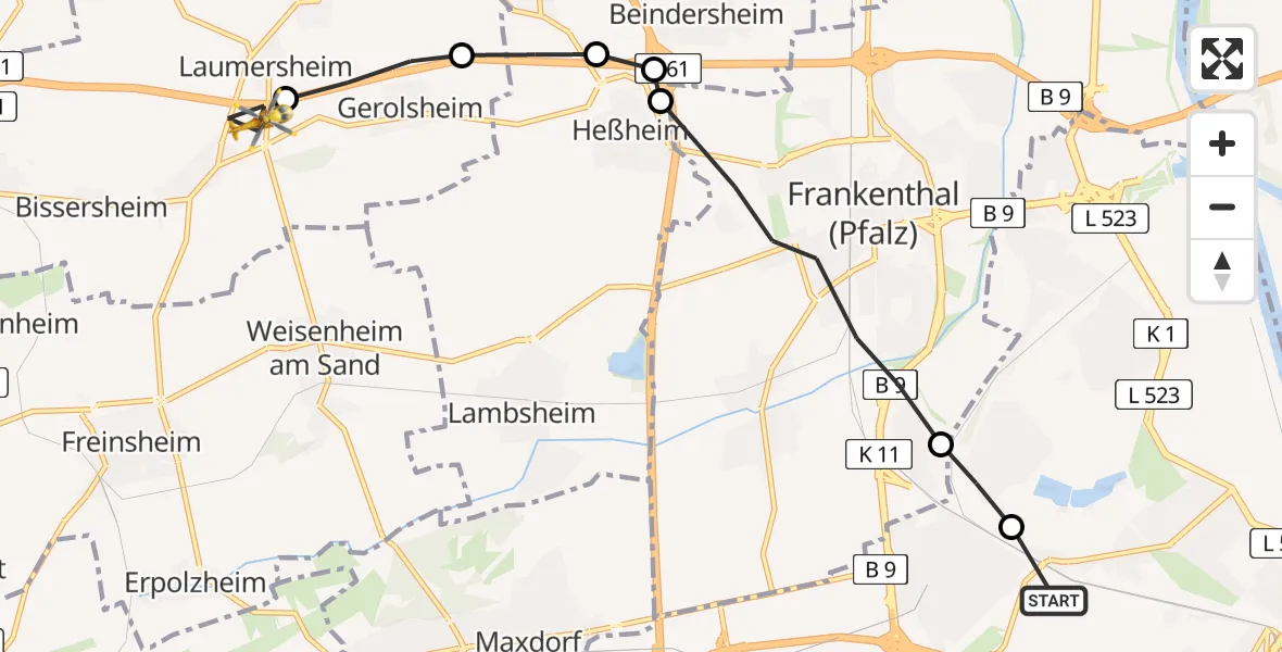 Flugroute Rettungshubschrauber Ludwigshafen Accident Hospital - Laumersheim, 10 Juni 2026, 13:59