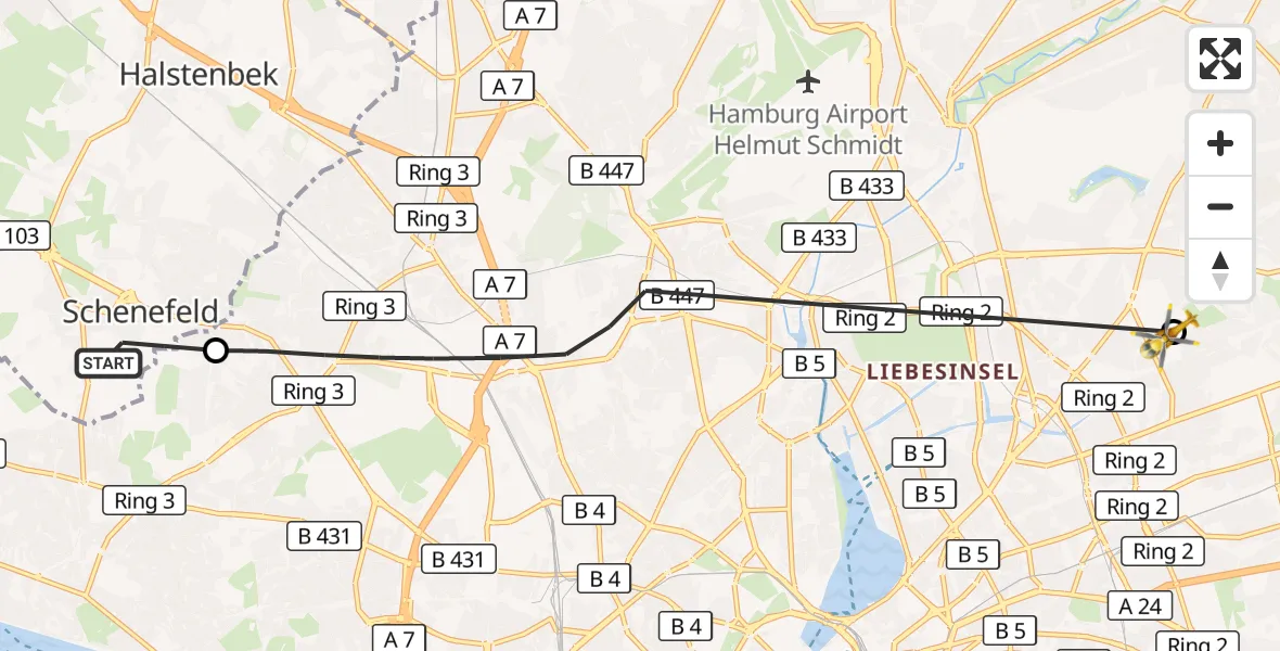 Flugroute Rettungshubschrauber Schenefeld - Hamburg Military Hospital, 10 Juni 2026, 14:03