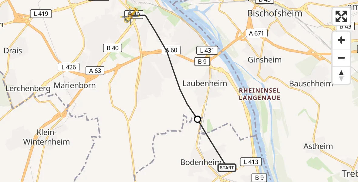 Flugroute Rettungshubschrauber Bodenheim - Mainz, 10 Juni 2026, 14:04