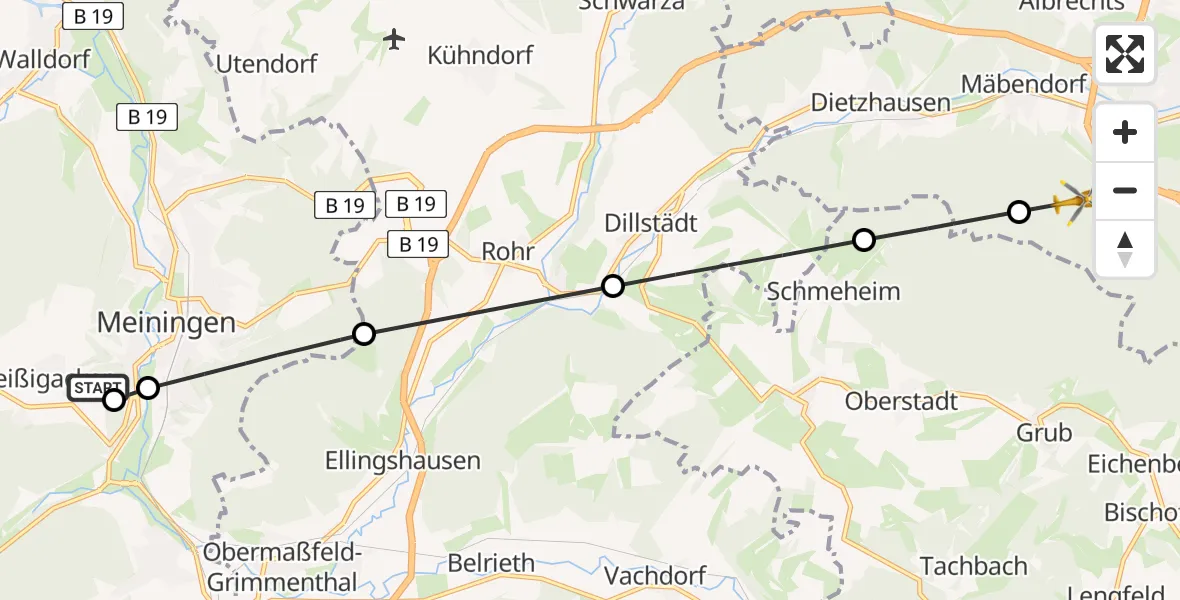 Flugroute Rettungshubschrauber Helios Clinic Meiningen - Suhl, 10 Juni 2026, 14:09