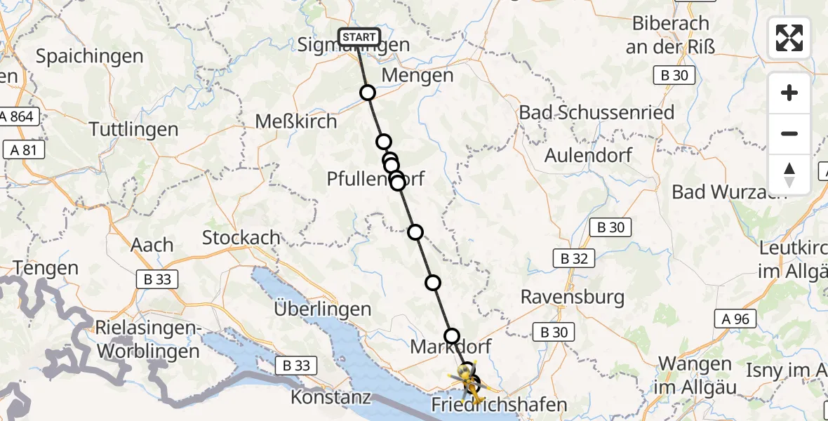 Flugroute Rettungshubschrauber Sigmaringen - Friedrichshafen Hospital, 10 Juni 2026, 14:12