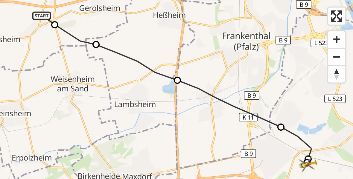Flugroute Rettungshubschrauber Großkarlbach - Ludwigshafen Accident Hospital, 10 Juni 2026, 14:18
