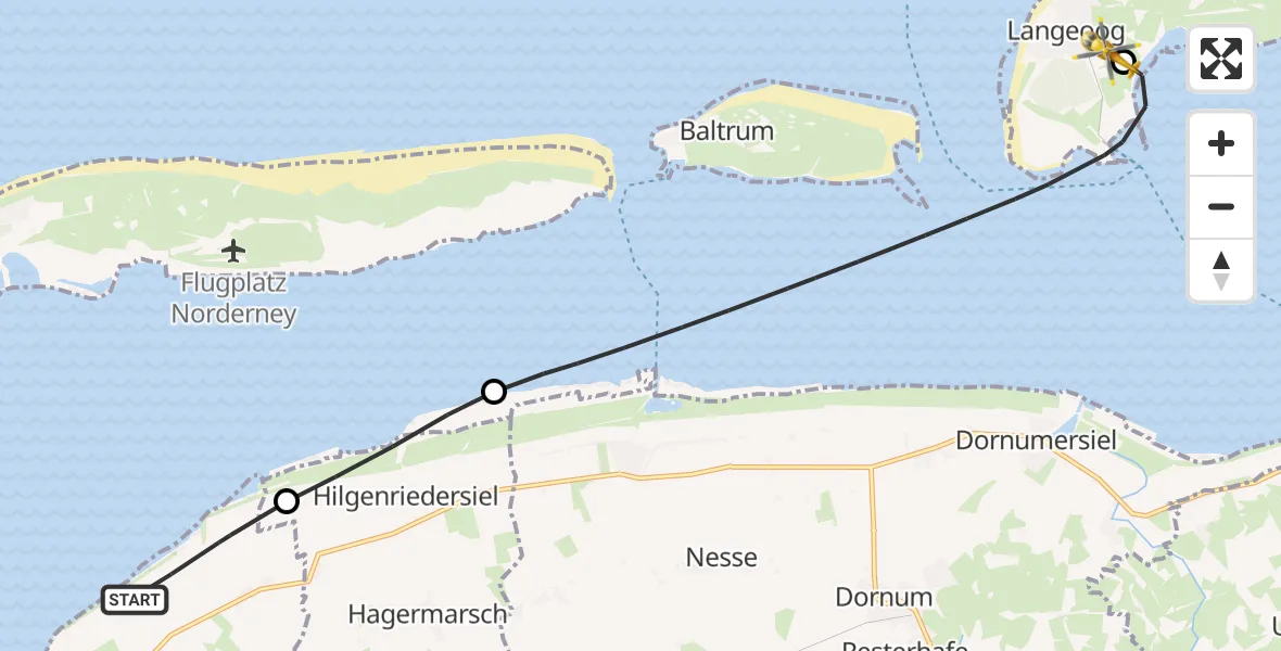 Flugroute Ambulanzhubschrauber Norden - Langeoog Flughafen, 10 Juni 2026, 14:20
