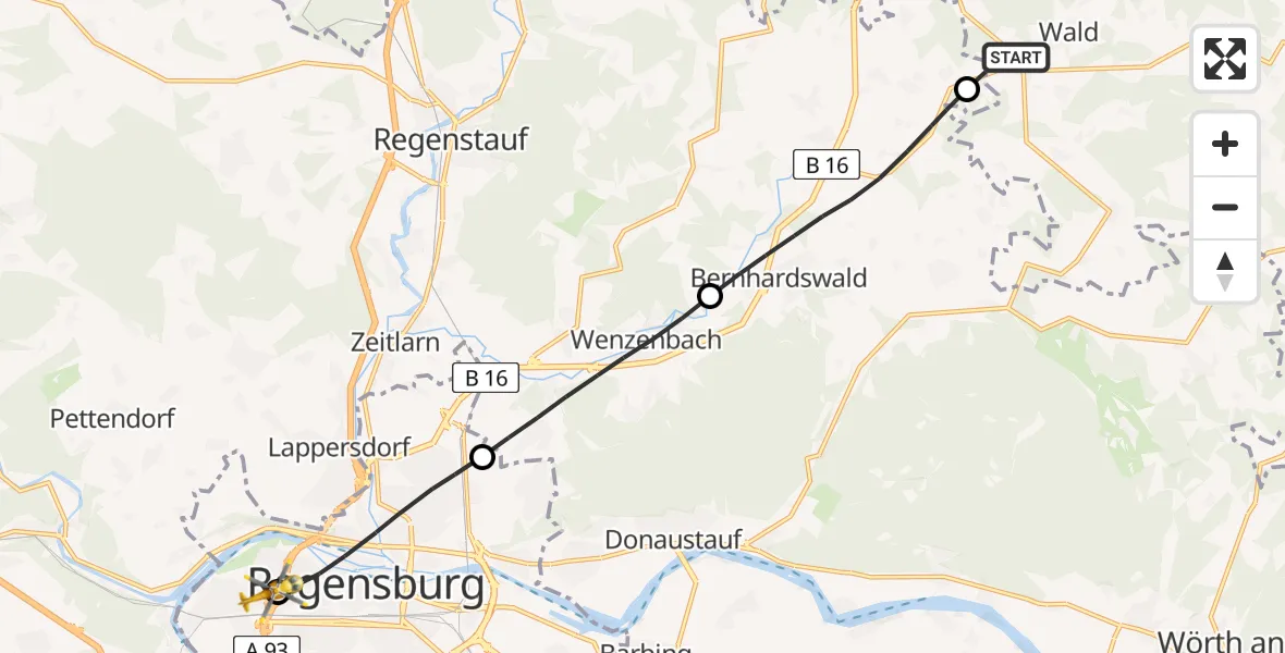Flugroute Rettungshubschrauber Wald - Barmherzige Brüder (Brothers of Mercy) Hospital Regensburg, 10 Juni 2026, 14:21