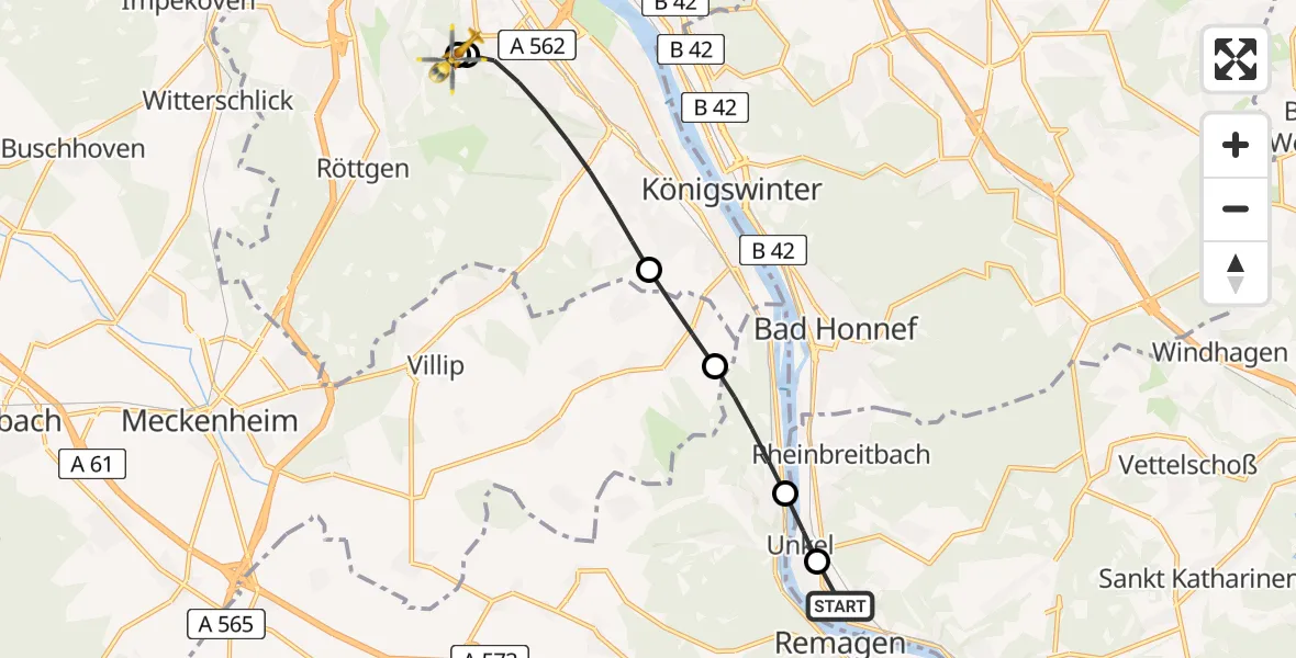 Flugroute Rettungshubschrauber Erpel - Bonn University Hospital, 10 Juni 2026, 14:22