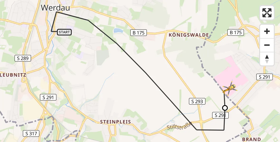 Flugroute Rettungshubschrauber Werdau - ADAC Air Rescue Station Zwickau Hubschrauberlandeplatz, 10 Juni 2026, 14:27