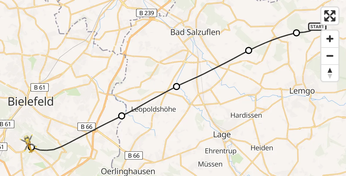 Flugroute Rettungshubschrauber Kalletal - Luftrettungszentrum Bielefeld, 10 Juni 2026, 14:32