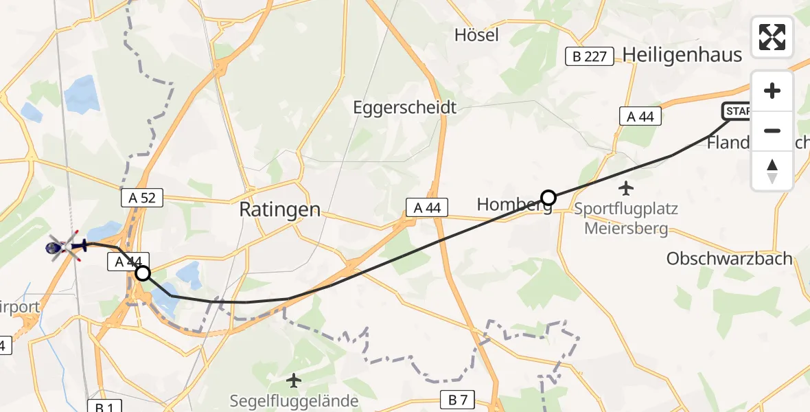 Flugroute Polizeihubschrauber Heiligenhaus - Düsseldorf Flughafen, 10 Juni 2026, 14:40