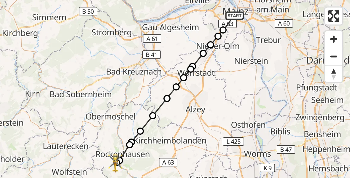 Flugroute Rettungshubschrauber Mainz - Imsweiler UL, 10 Juni 2026, 15:02