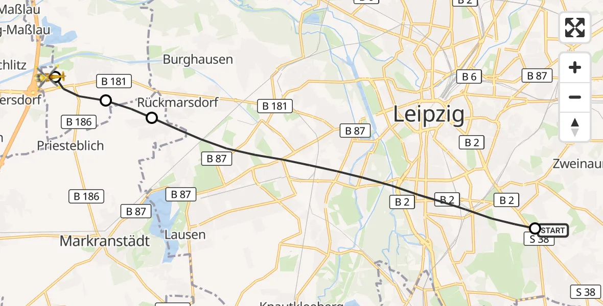 Flugroute Rettungshubschrauber Leipzig Heart Center Ground Hubschrauberlandeplatz - ADAC Air Rescue Station Leipzig/Schkeuditz-Dölzig Hubschrauberlandeplatz (Christoph 61), 10 Juni 2026, 15:04