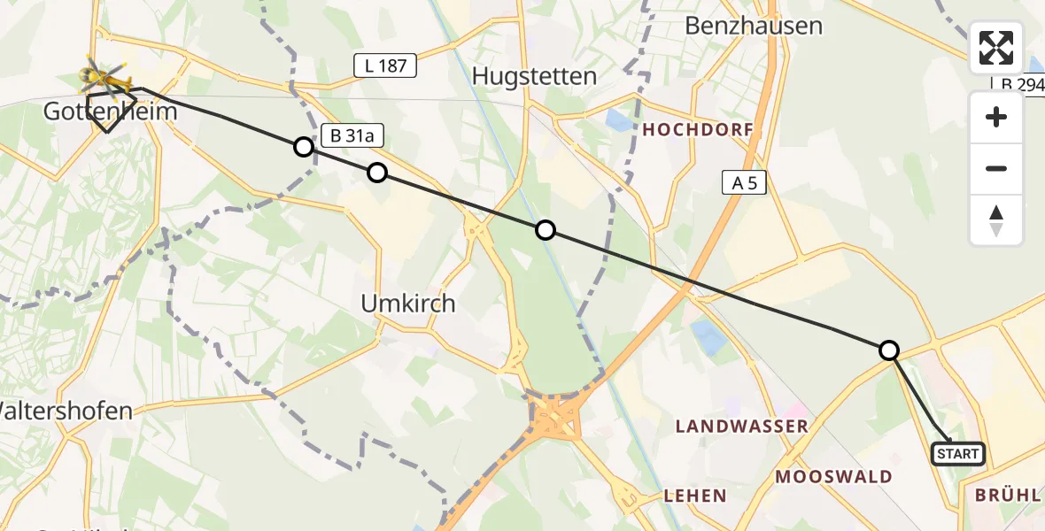Flugroute Rettungshubschrauber Freiburg im Breisgau Flugplatz - Gottenheim, 10 Juni 2026, 15:08