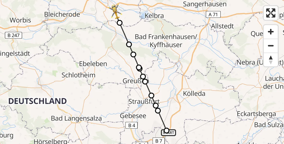 Flugroute Rettungshubschrauber Udestedt - Heringen/Helme, 10 Juni 2026, 15:09
