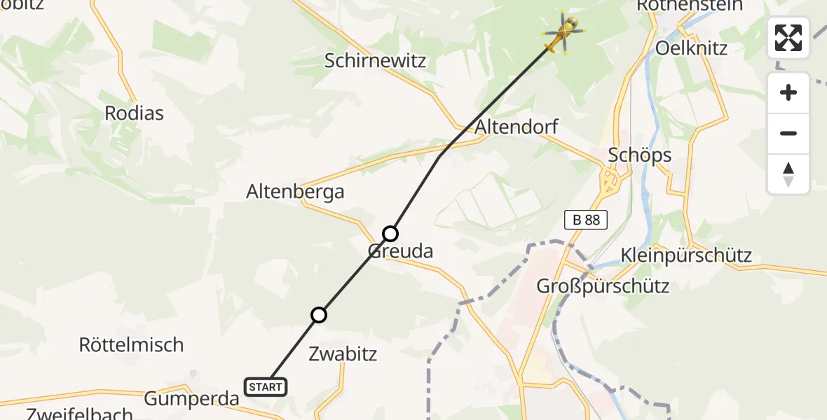 Flugroute Rettungshubschrauber Gumperda - Rothenstein, 10 Juni 2026, 15:12
