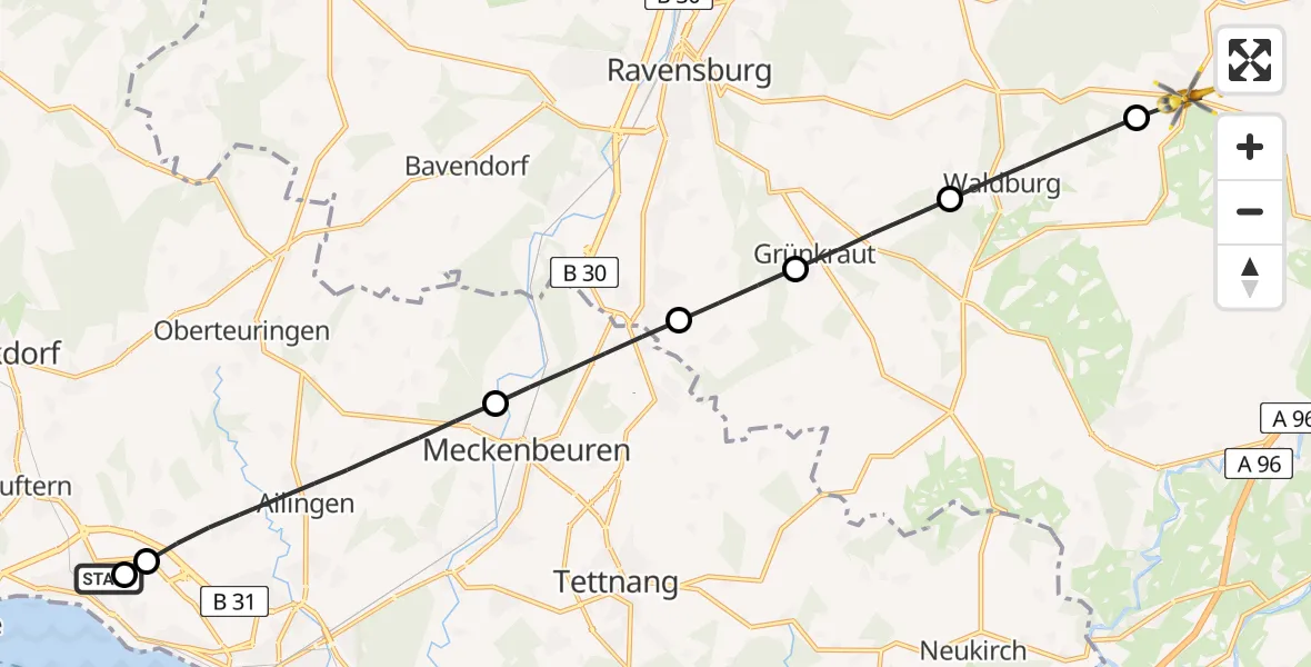 Flugroute Rettungshubschrauber Friedrichshafen Hospital - Vogt, 10 Juni 2026, 15:14