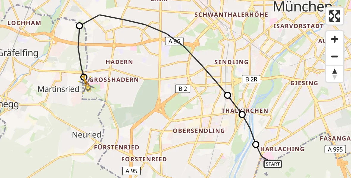 Flugroute Rettungshubschrauber ADAC Air Rescue Center Hubschrauberlandeplatz (Christoph 1) - DRF Air Rescue München Hubschrauberlandeplatz, 10 Juni 2026, 15:21