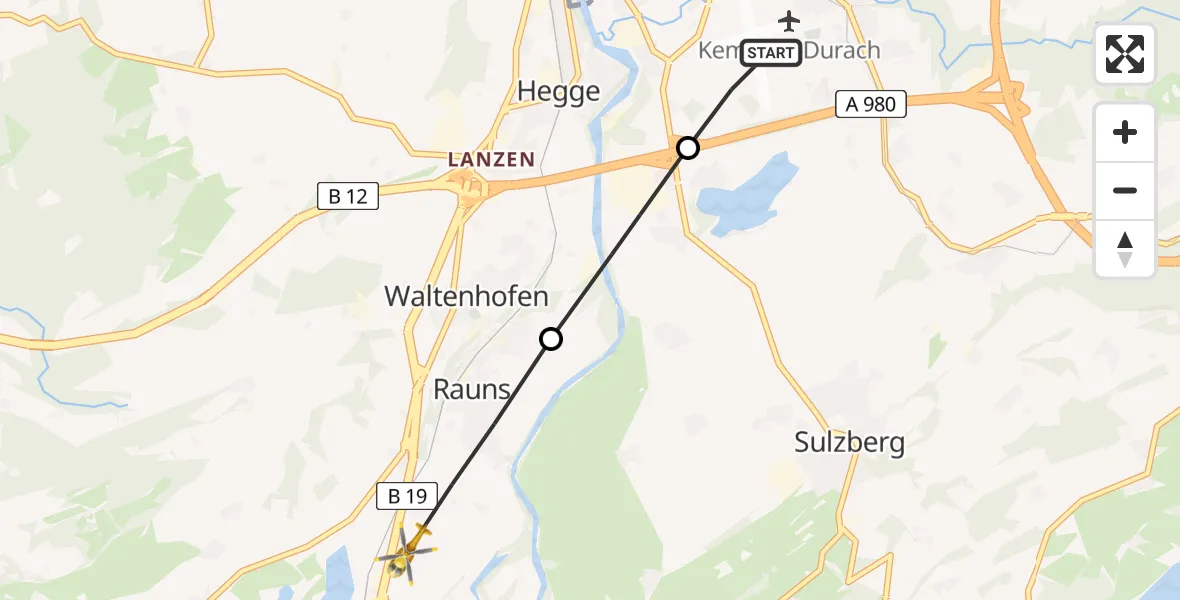 Flugroute Rettungshubschrauber Kempten-Durach Flugplatz - Waltenhofen, 10 Juni 2026, 15:24