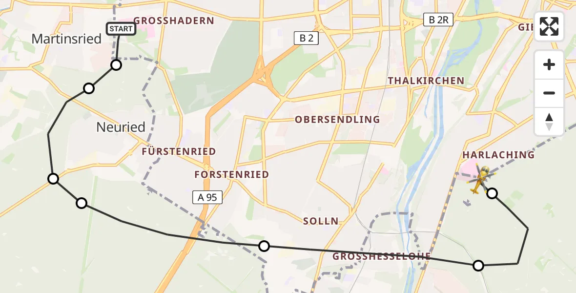 Flugroute Rettungshubschrauber DRF Air Rescue München Hubschrauberlandeplatz - ADAC Air Rescue Center Hubschrauberlandeplatz (Christoph 1), 10 Juni 2026, 15:28