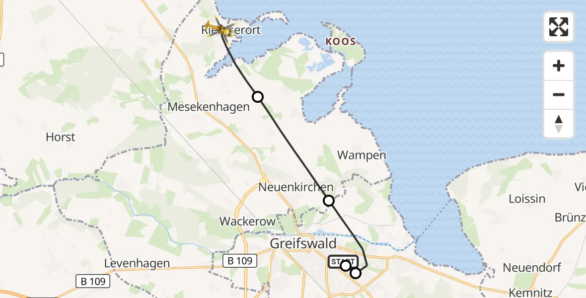 Flugroute Rettungshubschrauber Greifswald Hospital - Mesekenhagen, 10 Juni 2026, 15:31
