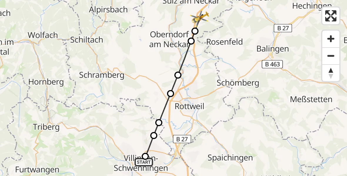 Flugroute Ambulanzhubschrauber DRF Air Rescue Station Villingen-Schwenningen Hubschrauberlandeplatz (Christoph 11) - Vöhringen, 10 Juni 2026, 15:42