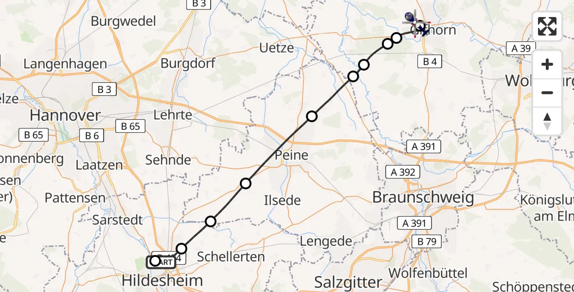 Flugroute Polizeihubschrauber Hildesheim Flugplatz - Gifhorn Bundespolizei Hubschrauberlandeplatz, 10 Juni 2026, 15:45