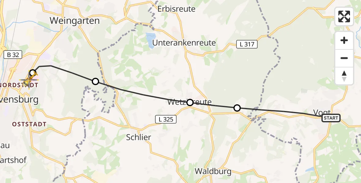 Flugroute Rettungshubschrauber Vogt - Sankt Elisabeth Hospital, 10 Juni 2026, 15:46