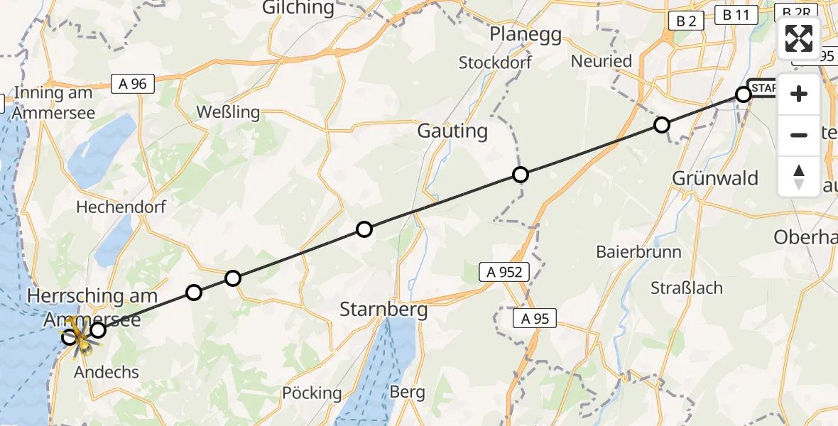 Flugroute Rettungshubschrauber ADAC Air Rescue Center Hubschrauberlandeplatz (Christoph 1) - Herrsching a.Ammersee, 10 Juni 2026, 15:51