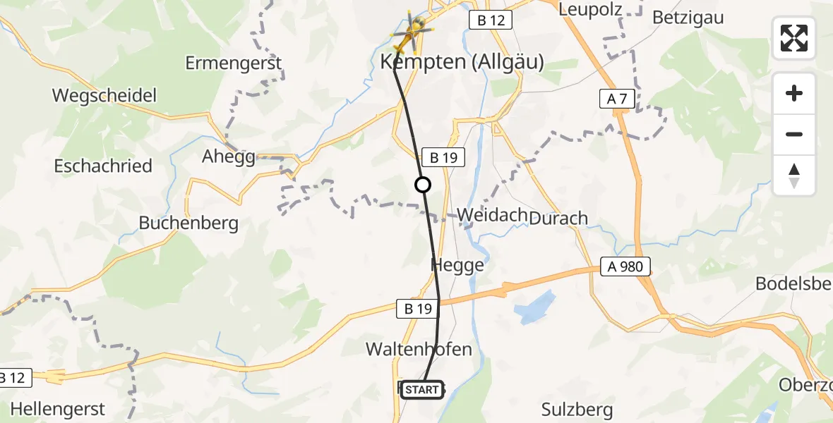 Flugroute Rettungshubschrauber Waltenhofen - Kempten (Allgäu), 10 Juni 2026, 15:54