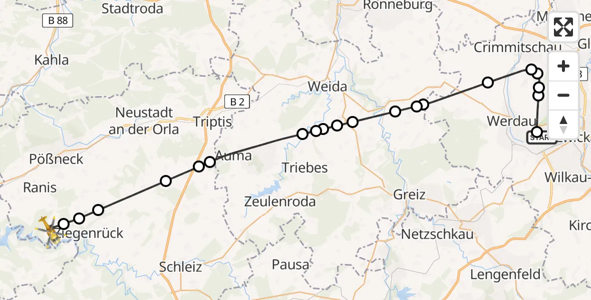 Flugroute Rettungshubschrauber ADAC Air Rescue Station Zwickau Hubschrauberlandeplatz - Gössitz, 10 Juni 2026, 15:55
