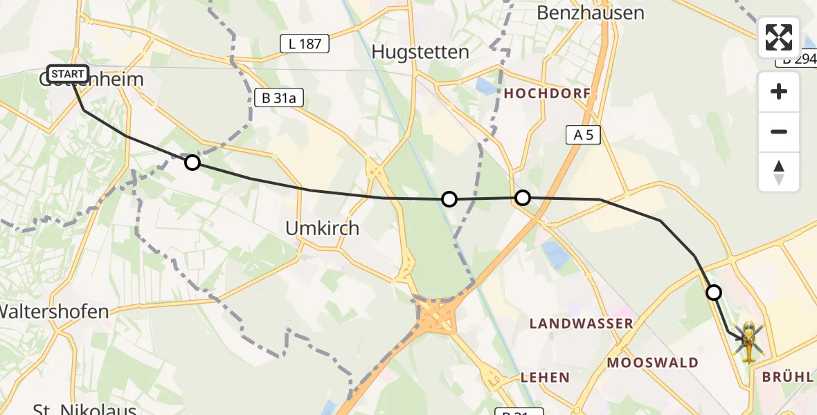 Flugroute Rettungshubschrauber Gottenheim - Freiburg im Breisgau Flugplatz, 10 Juni 2026, 16:02