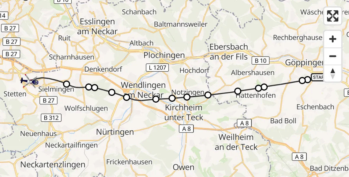 Flugroute Polizeihubschrauber Göppingen - Flughafen Stuttgart, 10 Juni 2026, 16:04