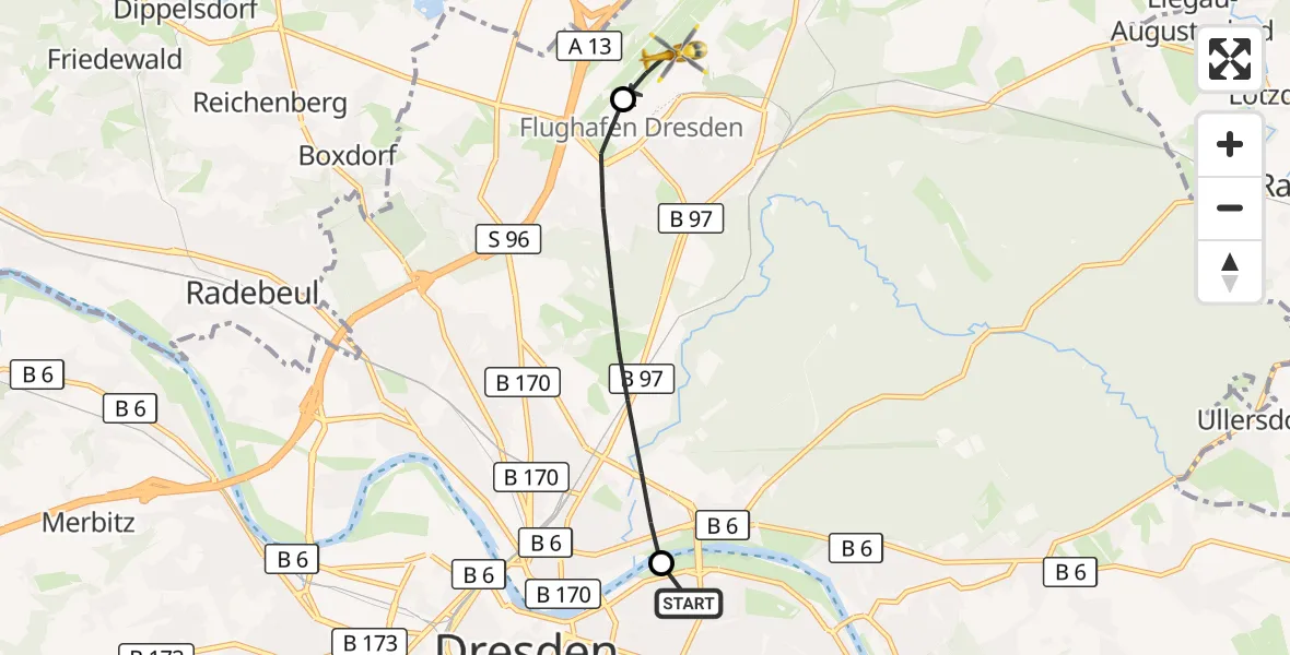 Flugroute Rettungshubschrauber Dresden University Hospital - Dresden Bundespolizei Hubschrauberlandeplatz, 10 Juni 2026, 16:06