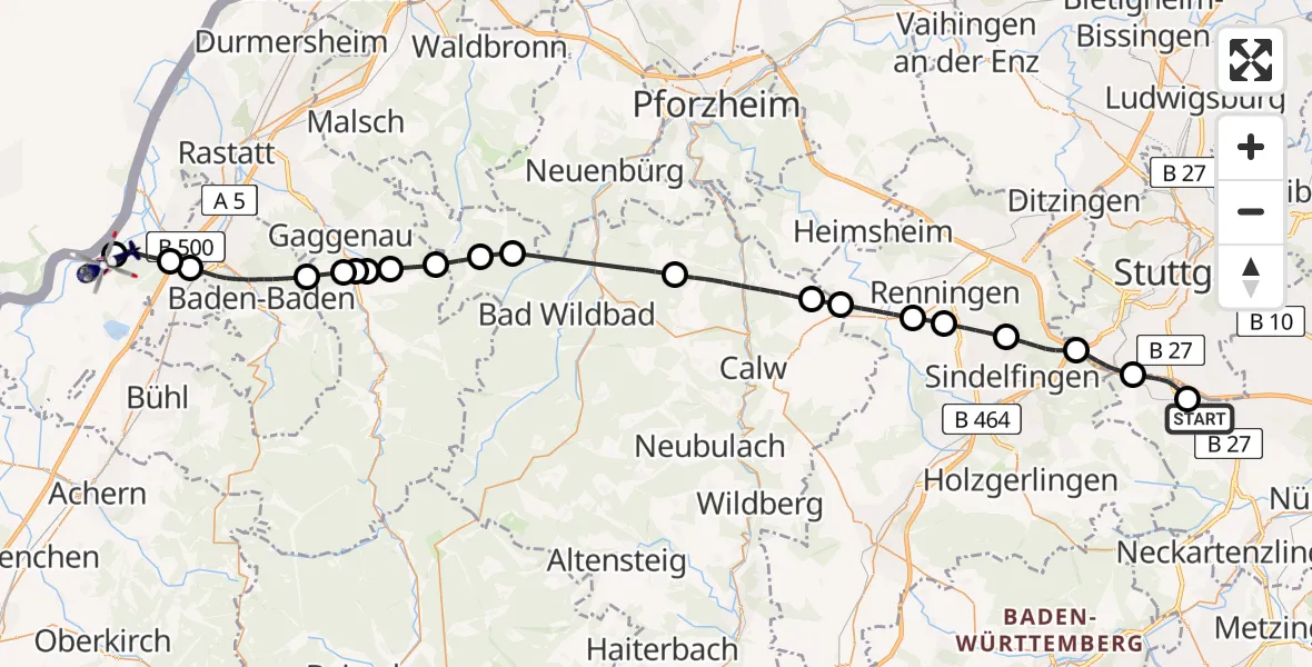 Flugroute Polizeihubschrauber Flughafen Stuttgart - Karlsruhe Baden-Baden Flughafen, 10 Juni 2026, 16:07