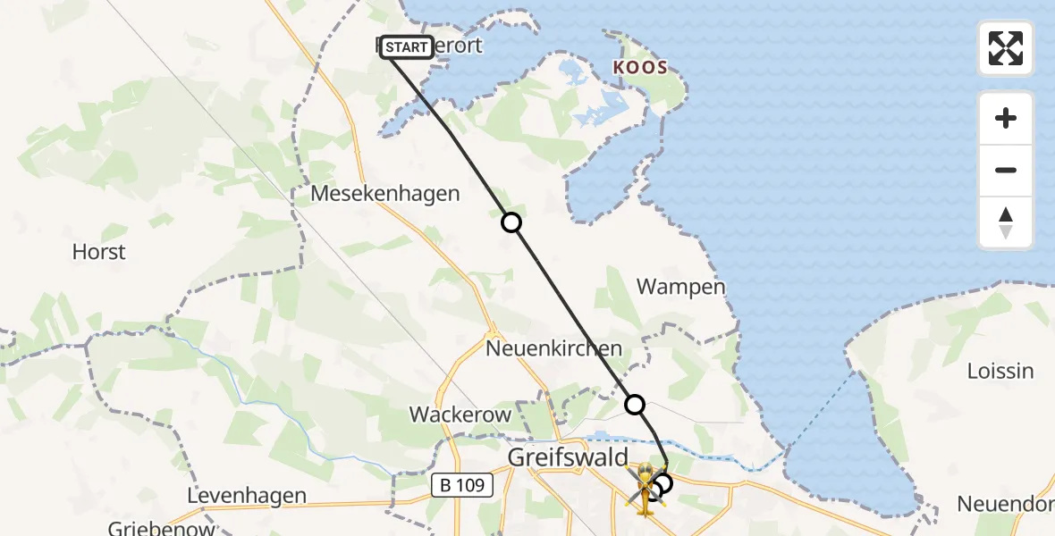 Flugroute Rettungshubschrauber Mesekenhagen - Greifswald Hospital, 10 Juni 2026, 16:08