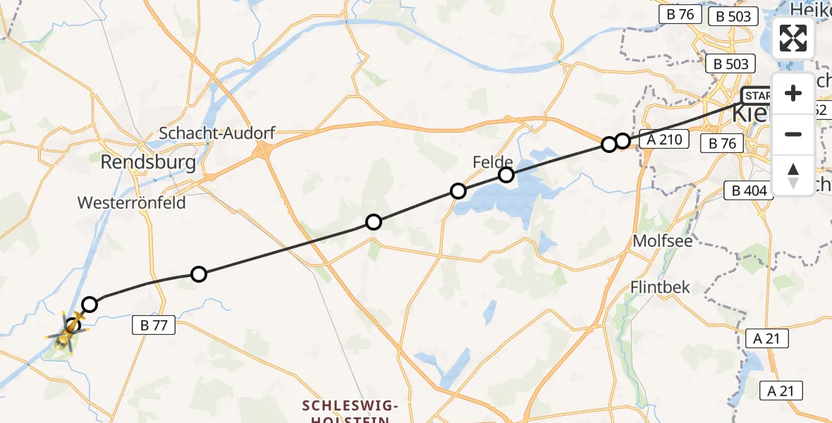 Flugroute Ambulanzhubschrauber Kiel - Rendsburg-Schachtholm Flugplatz, 10 Juni 2026, 16:19