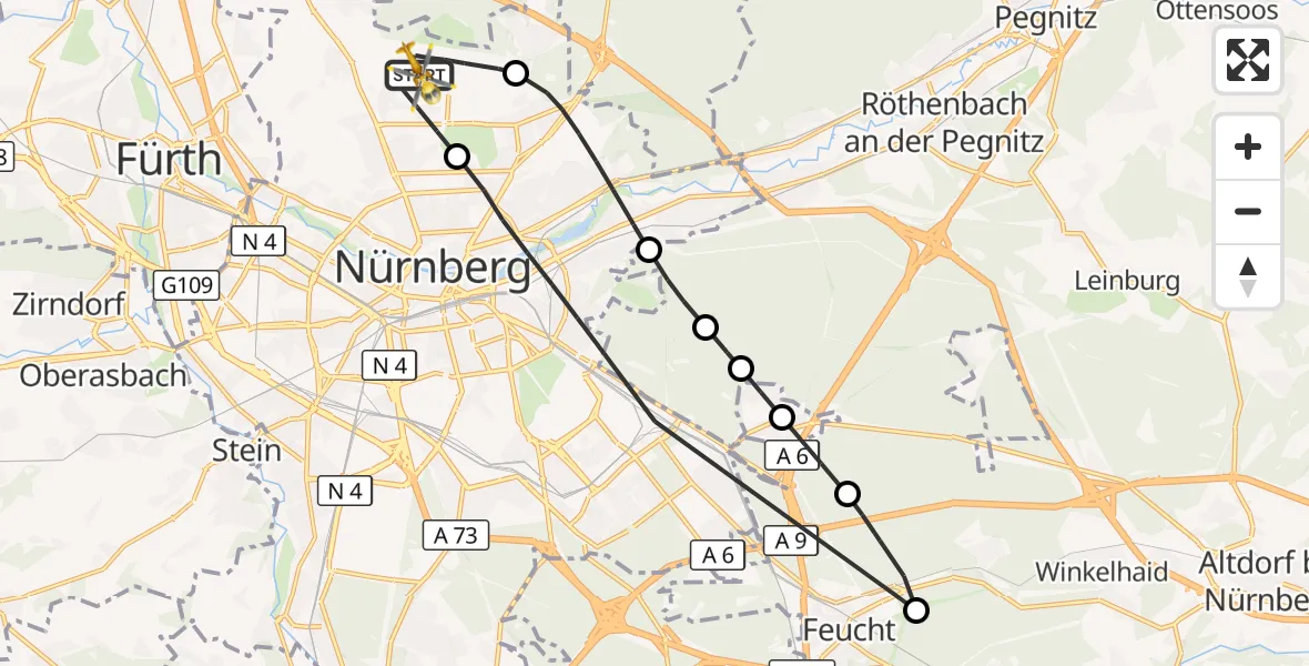 Flugroute Ambulanzhubschrauber Flughafen Nuremberg - Flughafen Nuremberg, 10 Juni 2026, 16:23