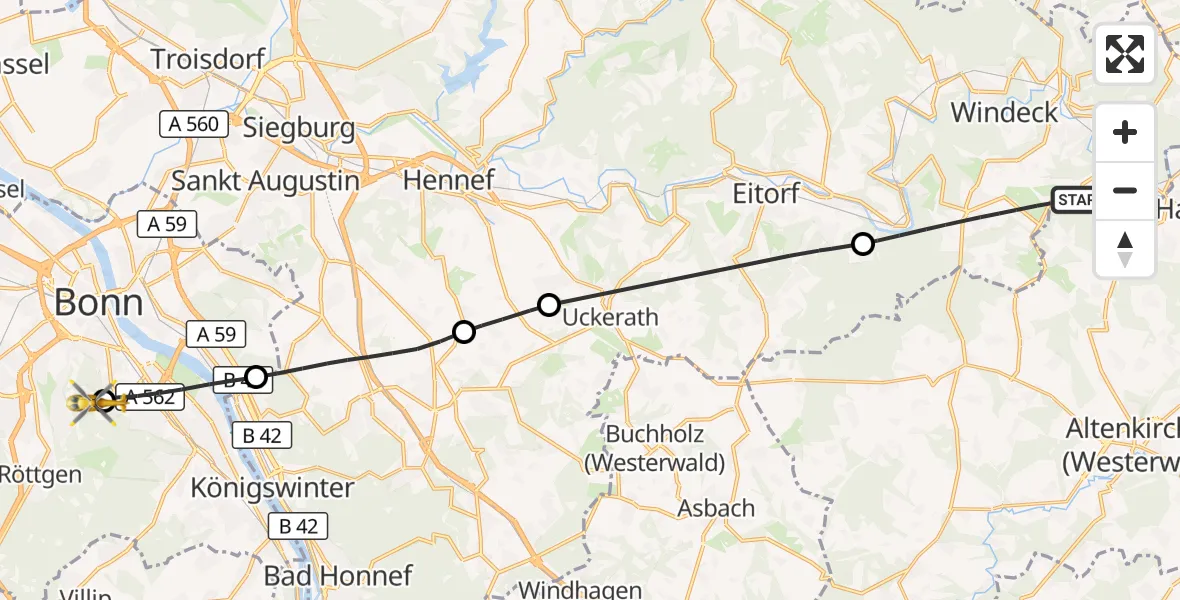 Flugroute Rettungshubschrauber Windeck - Bonn University Hospital, 10 Juni 2026, 16:23