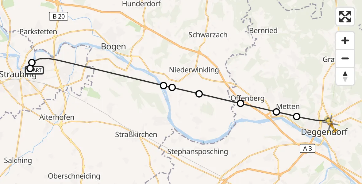 Flugroute Rettungshubschrauber Sankt Elisabeth Hospital Straubing - Deggendorf, 10 Juni 2026, 16:24