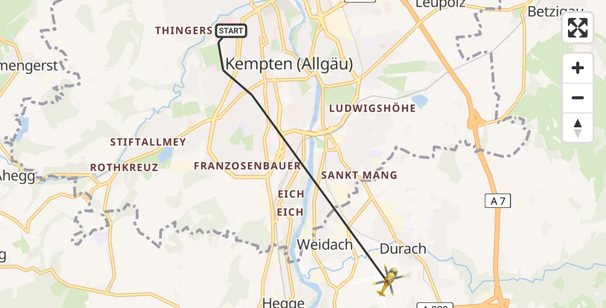 Flugroute Rettungshubschrauber Kempten (Allgäu) - Kempten-Durach Flugplatz, 10 Juni 2026, 16:26