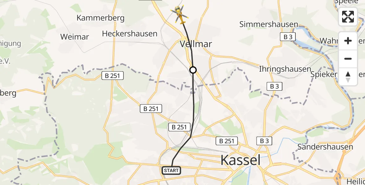 Flugroute Rettungshubschrauber Kassel - Vellmar, 10 Juni 2026, 16:38