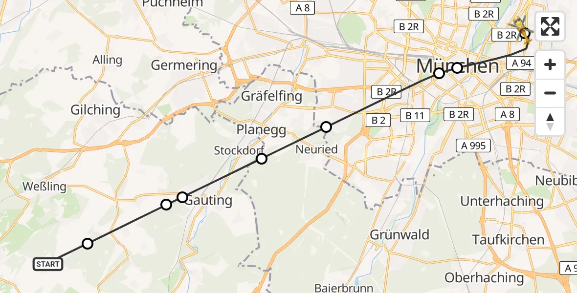 Flugroute Rettungshubschrauber Seefeld - München Bogenhausen Hospital, 10 Juni 2026, 16:49