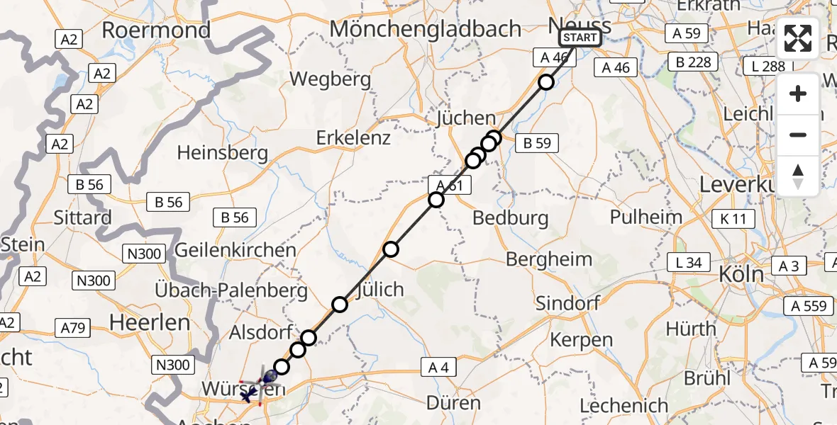 Flugroute Polizeihubschrauber Neuss - Würselen, 10 Juni 2026, 16:49