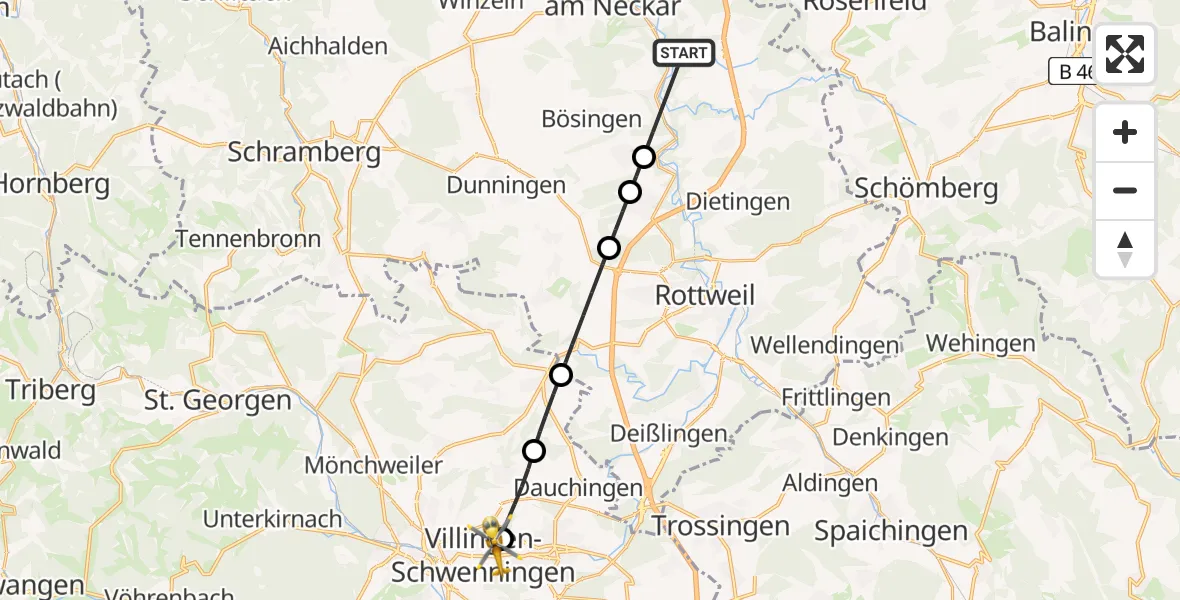 Flugroute Ambulanzhubschrauber Epfendorf - DRF Air Rescue Station Villingen-Schwenningen Hubschrauberlandeplatz (Christoph 11), 10 Juni 2026, 16:49