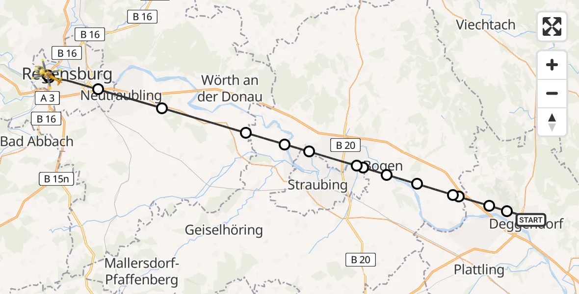 Flugroute Rettungshubschrauber Deggendorf - Barmherzige Brüder (Brothers of Mercy) Hospital Regensburg, 10 Juni 2026, 17:00